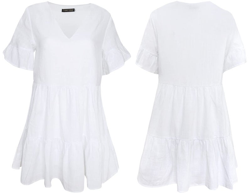 FANCYINN Womens White Cute Shift Dress Short Bell Sleeve Ruffle Hem V Neck Loose Swing Tunic Mini Dress with Pockets S - Image 4